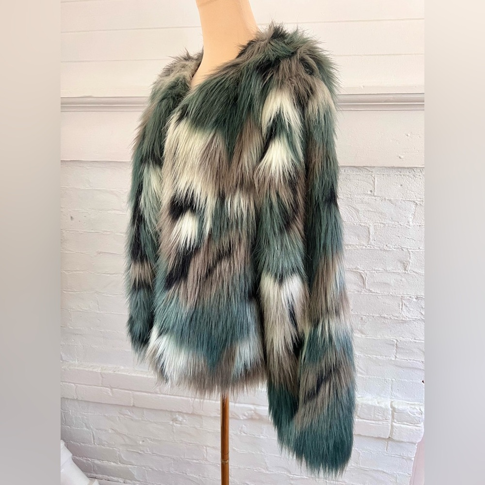 Willow And Clay Faux Fur Coat Teal Gray Multi Color Open Front Jacket Boho - Picture 3 of 12